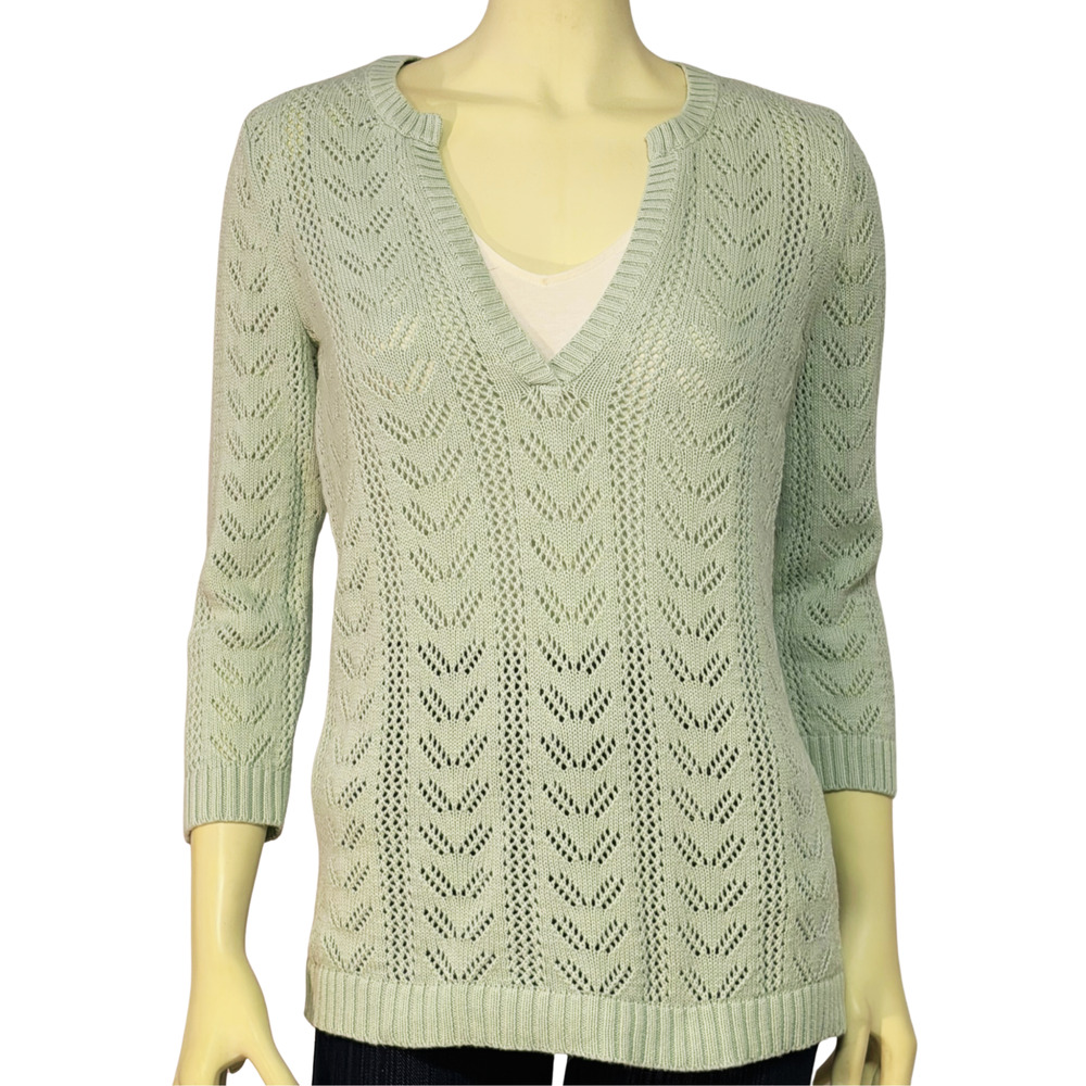 Vtg 90s Geoffrey Beene Sweater Sz M Pastel Green Chevron Lace Knit Cottagecore
